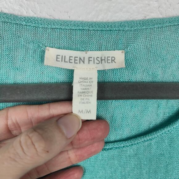 Eileen Fisher Semi-Sheer Linen Top Womens Medium Teal Green Scoopenck Boxy Beach - Picture 5 of 7